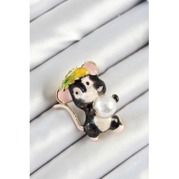 İnci Detaylı Siyah Ve Pembe 3D Sevimli Fare Figürlü Gold Renk Kadın Broş - Lisinya