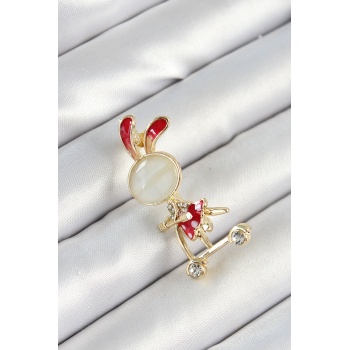 Zirkon Taş Detaylı Kırmızı 3D Scooter Süren Tavşan Kız Figürlü Gold Renk Kadın Broş - Lisinya