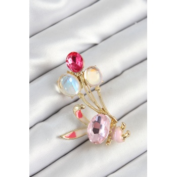 Zirkon Taşlı  Balonlu Pembe Tavşan Figürlü Gold Renk Kadın Broş - Lisinya