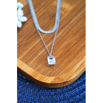 Bakla Model Zirkon Baget Taşlı Zincir Çelik Kolye