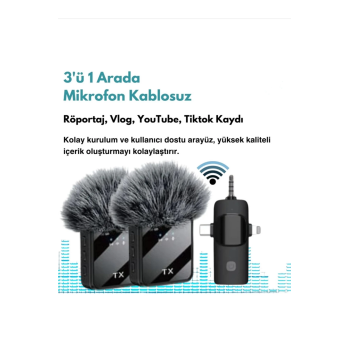 Yüksek Kalite Profesyonel 3 In 1 Kablosuz Taşınabilir Yaka Mikrofonu Tüylü - Lisinya