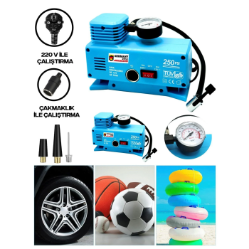 220 Volt-12 Volt 250 Psi Geniş Uygulama Yelpazesi Kompresör Lastik Hava Şişirme Oto Pompası ( Lisinya )