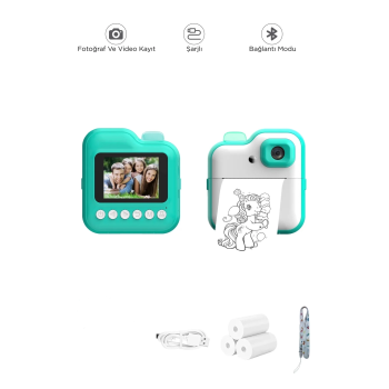 Dijital Video Kayıt Fotoğraf Çocuk Kamerası Anlık Termal Resim Kağıt Baskılı Mavi ( Lisinya )