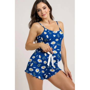 Papatya Desenli Mavi Askılı Şortlu Pijama Takımı