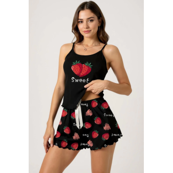 Çilek Baskılı Siyah Askılı Şortlu Pijama Takımı