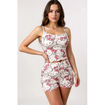 Hello Kitty Baskılı Askılı Şortlu Pijama Takımı