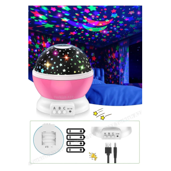 Pembe Dönen Renkli Ay Yıldızlı Gökyüzü Yansıtmalı Projeksiyon Gece Lambası Çocuk Bebek Parti Odası ( Lisinya )