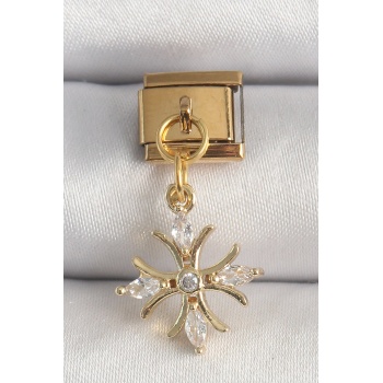316L Çelik Gold Renk Sallantı Zirkon Taşlı Kar Tanesi Model Nomination Charm - Lisinya