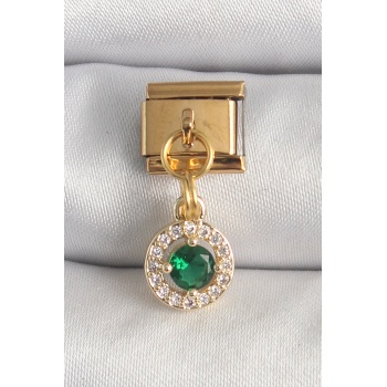 316L Çelik Gold Renk Sallantı Yeşil Zirkon Taşlı Nomination Charm - Lisinya