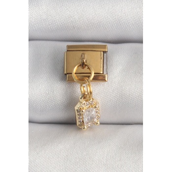 316L Çelik Gold Renk Sallantı Zirkon Taşlı Kare Model Nomination Charm - Lisinya