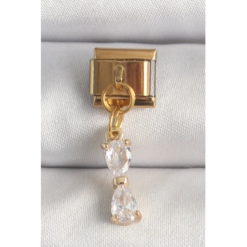 316L Çelik Gold Renk Sallantı Zirkon Taşlı Kurdele Model Nomination Charm - Lisinya