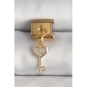 316L Çelik Gold Renk Sallantı Zirkon Taşlı Kalpli Anahtar Model Nomination Charm - Lisinya