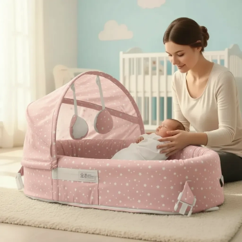 Taşınabilir Portatif Bebek Yatağı,Sırt Çantasına Dönüşebilen Portatif Bebek Beşiği (Pembe) ( Lisinya )