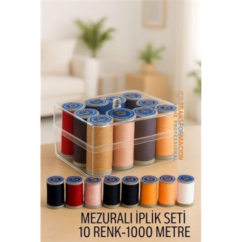 Dikiş İpliği Seti - 10 Renk 1000 Mt Kutulu Mezuralı Dikiş Seti ( Lisinya )