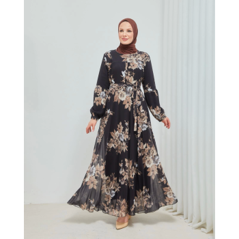 Yaprak Desenli Zarif ve Şık Uzun Boy Büyük Beden Astarlı Şifon Elbise ( Lisinya )