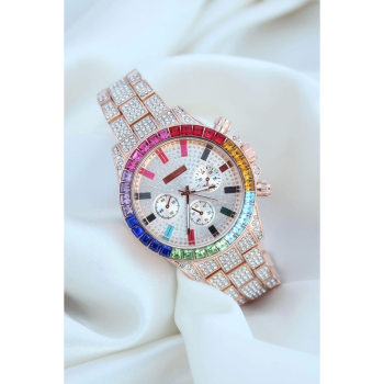 Clariss Trend Rose Metal Kordonlu Zirkon Taş Kaplama Renkli Taşlı Kasa Tasarımlı Lüx Kadın Kol Saati ( Lisinya )