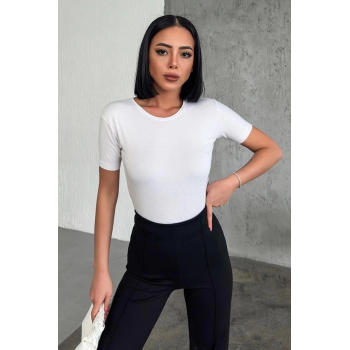 Rahat Ve Şık Kısa Kollu Bisiklet Yaka Likralı Viskon Penye Body Beyaz ( Lisinya )