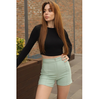 Zarif ve Şıklığı Bir Arada Sunan Yüksek Bel Krep Esnek Çimalı Çizgili Şort Su Yeşili ( Lisinya )