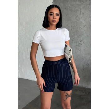 Zarif ve Şıklığı Bir Arada Sunan Yüksek Bel Krep Esnek Çimalı Çizgili Şort Lacivert ( Lisinya )