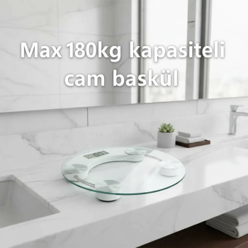 Yuvarlak Şeffaf Dijital Cam Baskül Tartı – 180 Kg Taşıma Kapasitesi, Hassas Ölçüm, Şık Tasarım Terazi ( Lisinya )