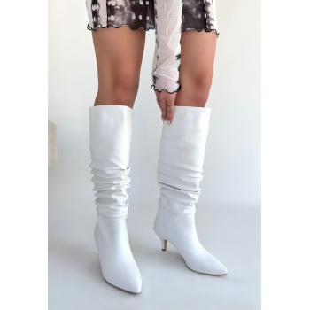 Zelya Beyaz Cilt Topuklu Çizme - Lisinya