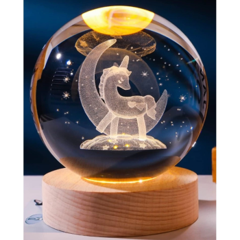 Dekoratif Ay İçinde Unicorn Tasarımlı Ahşap Altlıklı Işıklı Cam Küre Cam:8cm Ahşap:2cm Büyük Boy - Lisinya