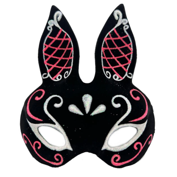 Siyah Renk Kırmızı Beyaz Simli Siyah Süet Kaplama Tavşan Maskesi 18x16 Cm - Lisinya