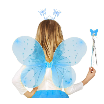 Mavi Kelebek Erkek-kız Seti – 50 Cm Kelebek Kanadı, Taç Ve Asa - Lisinya