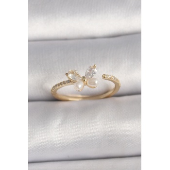 Pirinç Gold Renk Zirkon Taşlı Kelebek Mode İnci Detay Ayarlanabilir Yüzük - Lisinya