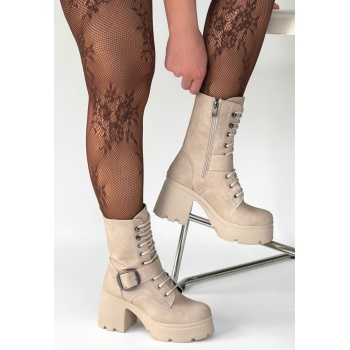 Linma Bej Nubuk Bağcıklı Topuklu Bot - Lisinya