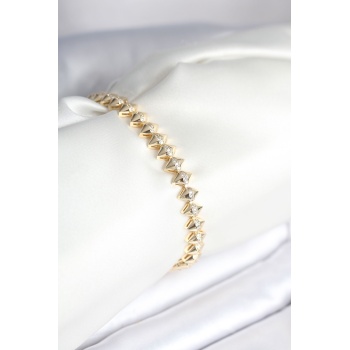Pirinç Gold Renk Zirkon Taşlı Baklava Model Kadın Bileklik - Lisinya