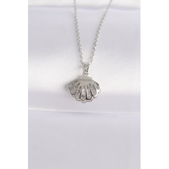 316L Çelik Zincir Gümüş Renk Zirkon Taşlı İnci Detay İstiridye Kolye - Lisinya