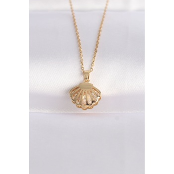 316L Çelik Zincir Altın Renk Zirkon Taşlı İnci Detay İstiridye Kolye - Lisinya