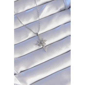 316L Çelik Gümüş Renk Zirkon Taşlı Kutup Yıldızı Model Kolye - Lisinya