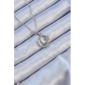316L Çelik Zincir Gümüş Renk Zirkon Taşlı Ay Yıldız Simgeli Atatürk Kolye - Lisinya