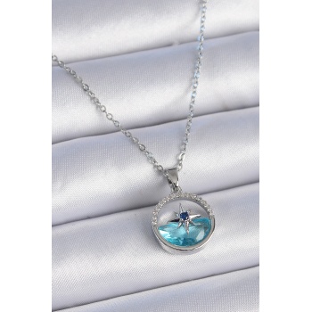 316L Çelik Zincir Gümüş Renk Zirkon Taşlı Deniz Görünüm Kutup Yıldızı Kolye - Lisinya