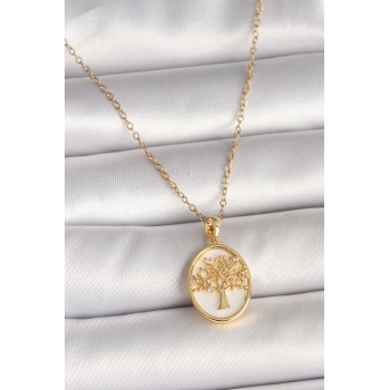 316L Çelik Gold Renk Zincir Zirkon Taş Detaylı Beyaz Mineli Ağaç İşlemeli Portre Model Kadın Kolye - Lisinya
