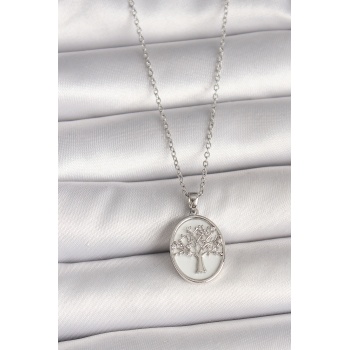 316L Çelik Gümüş Renk Zincir Zirkon Taş İşlemeli Beyaz Mineli Ağaç İşlemeli Portre Model Kadın Kolye - Lisinya