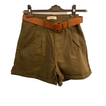 Kadın Double Paça Kemerli Şort- Haki