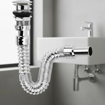 Krom Basmalı Sifon -Körüklü Sifon Bas Stoplu Lavabo Mutfak Sifonu-Paslanmaz ( Lisinya )