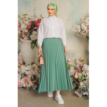 Zarif ve Modern Pileli Parlak Krep Gizli Lastikli Mint Etek ( Lisinya )