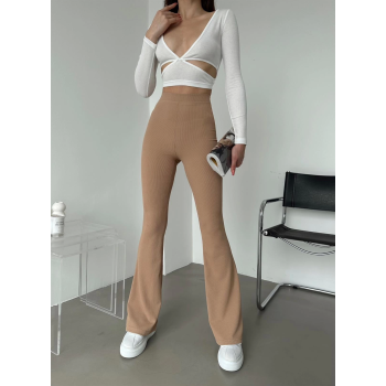 Şık Ve Rahat Yüksek Bel İspanyol Paça Fitilli Toparlayıcı Bej Tayt ( Lisinya )