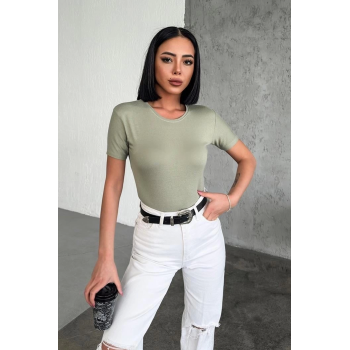 Rahat Ve Şık Kısa Kollu Bisiklet Yaka Likralı Viskon Penye Body Haki ( Lisinya )