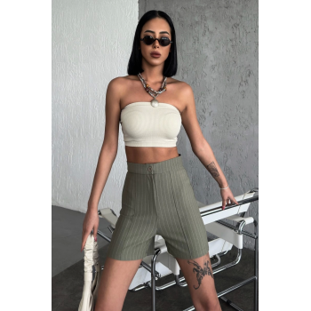 Zarif ve Şıklığı Bir Arada Sunan Yüksek Bel Krep Esnek Çimalı Çizgili Şort Haki ( Lisinya )