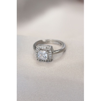 Gümüş Renk Baget ve Zirkon Taşlı Kare Yüzük - Lisinya