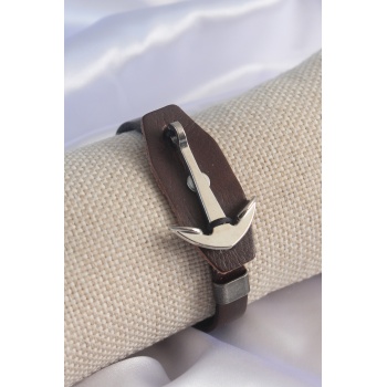 Kahverengi Deri Model Gümüş Renk Çapa Figür Erkek Bileklik - Lisinya