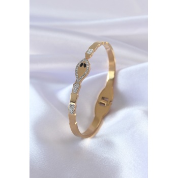 316L Çelik Gold Renk Yılan Model Zirkon Taş Detay Kadın Kelepçe - Lisinya