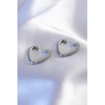 Gümüş Renk Zirkon Taşlı Kalp Model Kadın Küpe - Lisinya