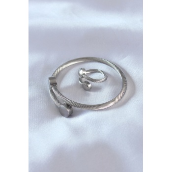 Çelik Gümüş Renk Sıkı Burgu Model Erkek Bileklik Yüzük Seti - Lisinya