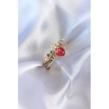 Gold Renk Kırmızı Zirkon Taş Kalp Model Pirinç Kadın Yüzük - Lisinya